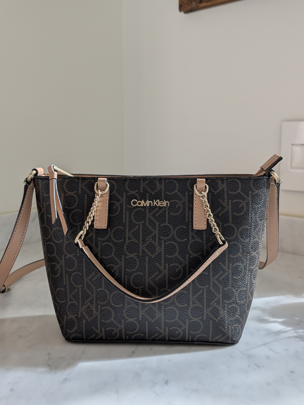 Calvin Klein Dark Brown Logo Mini Tote with Beige Trim